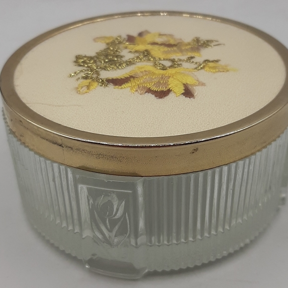 Vintage Art Deco Style Glass Powder Jar Vanity Jar Metal Embroidered Top - Picture 4 of 6